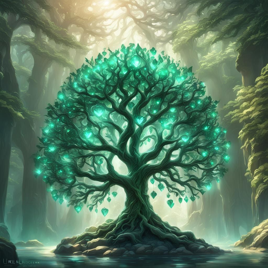 Crystal Life Tree with Emerald Veins: Detailed Matte Paintin...