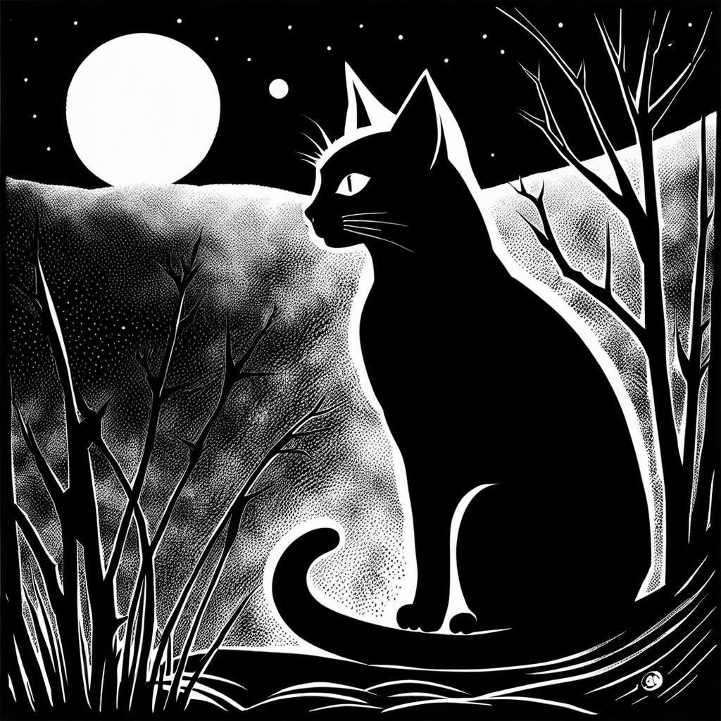 Moonlit Cat in Heavy Ink Style