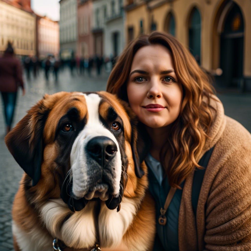 Woman and Saint Bernard Dog in Kraków