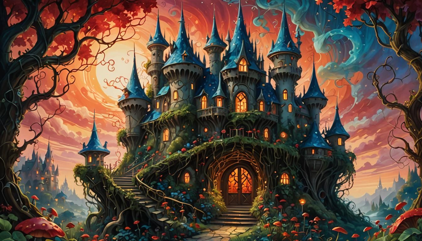 Surreal Hedge Fairy Castle: Oil Painting at Dusk