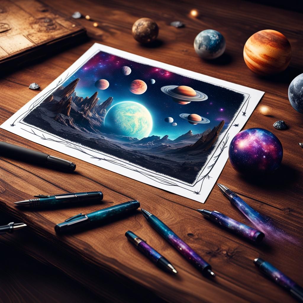 Cosmic Postcard on Rustic Table, Matte Painting