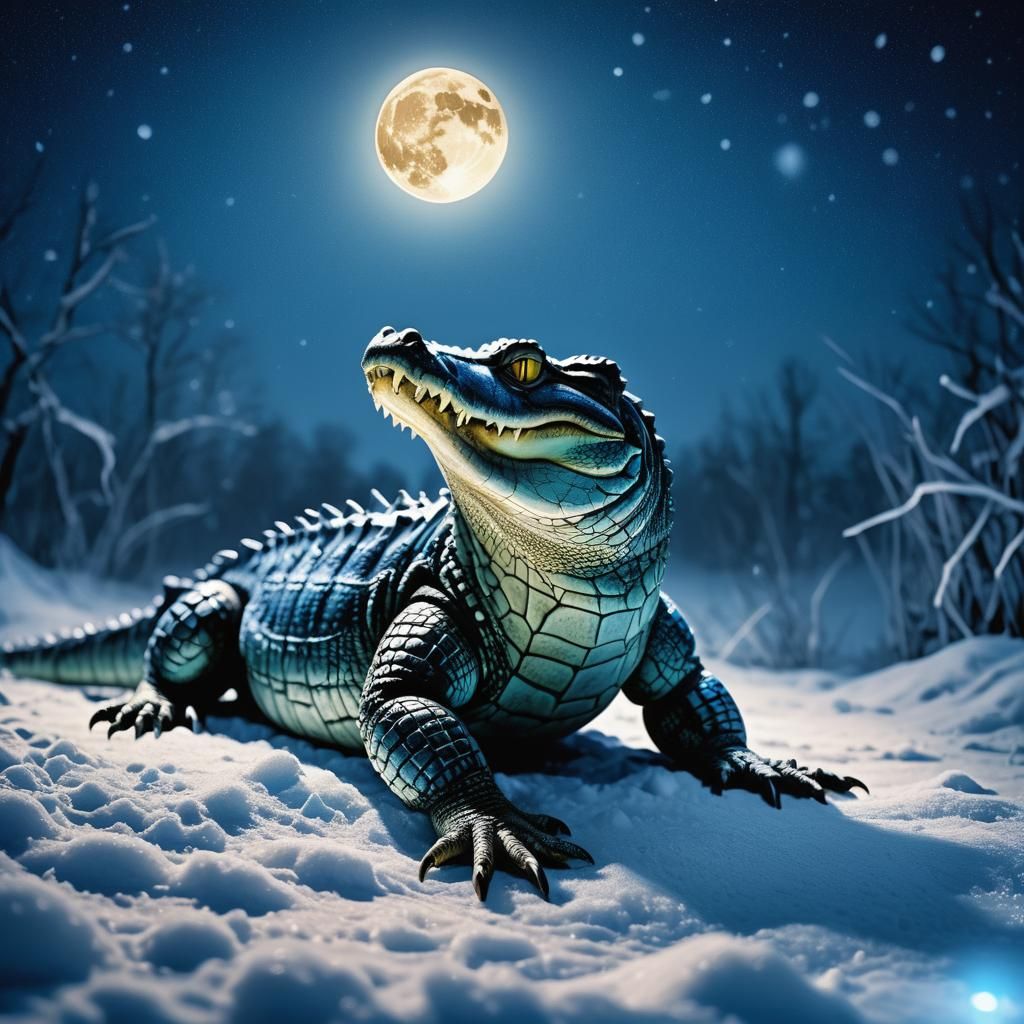 Crocodile in Snowy Night Under Blue Moon