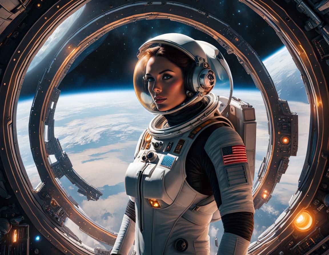 Astronaut Woman on Spaceship: Hyperrealistic Sci-Fi Art