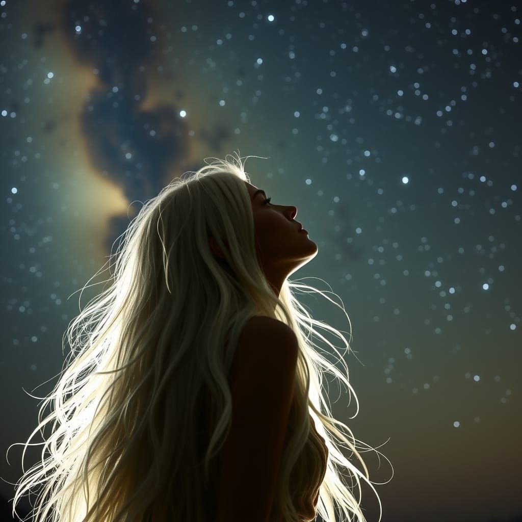 Ethereal Girl Discovers Celestial Wonders in the Night Sky