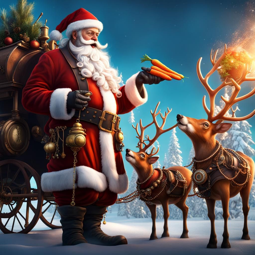 Steampunk Santa and Mrs. Claus with Reindeer