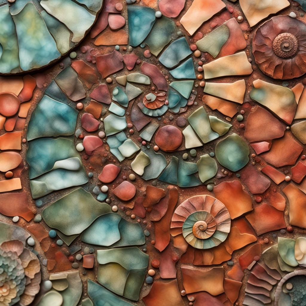 Junk Journal Background, 3d  Shapes Mosaic Alcohol Ink, Terracotta Patina Ammonite Color Palette, 3d Shading, Deep Depth...