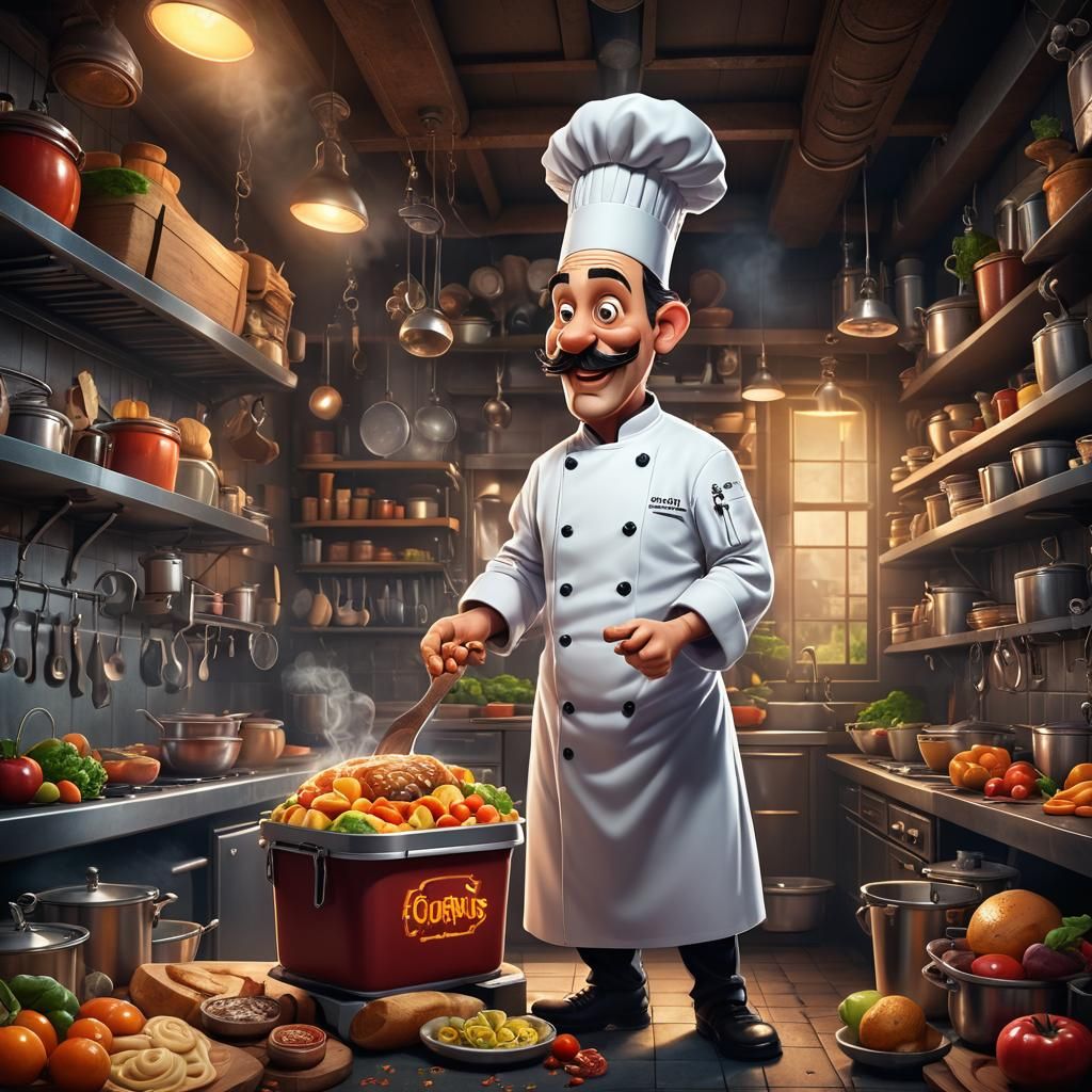 Cartoon Chef with Oversized Food Container: Digital Matte Pa...