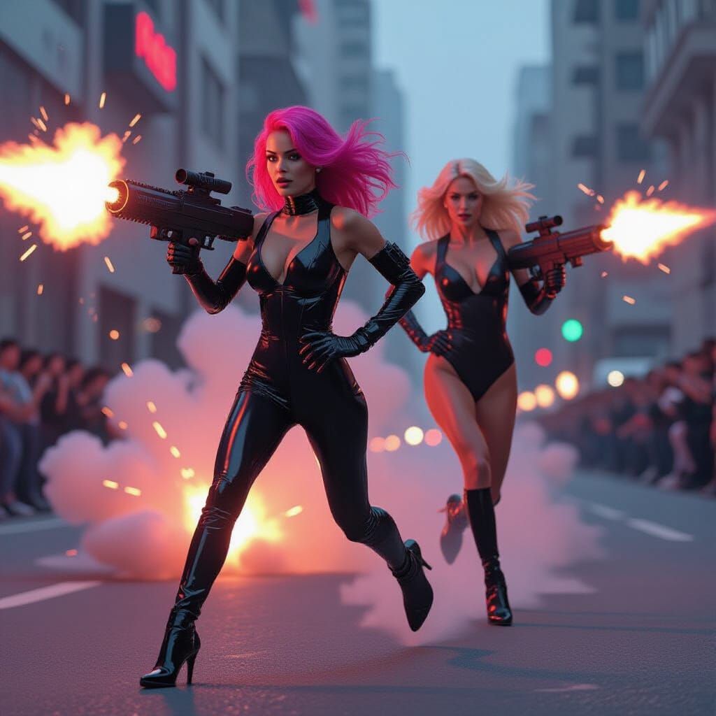 Neon Chaos: Futuristic Women in Biomechanical Landscape