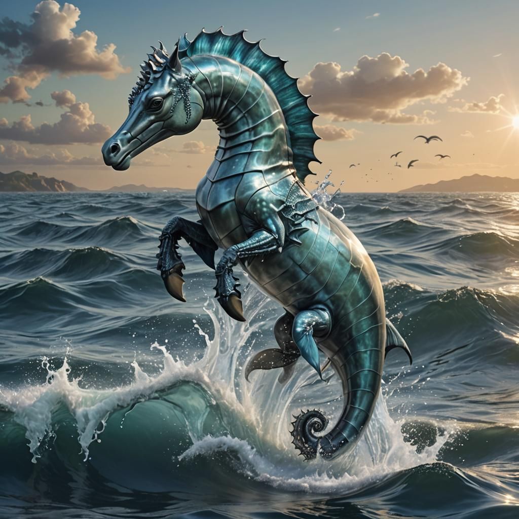 Mythical Seahorse Creature Rearing Out of the Ocean