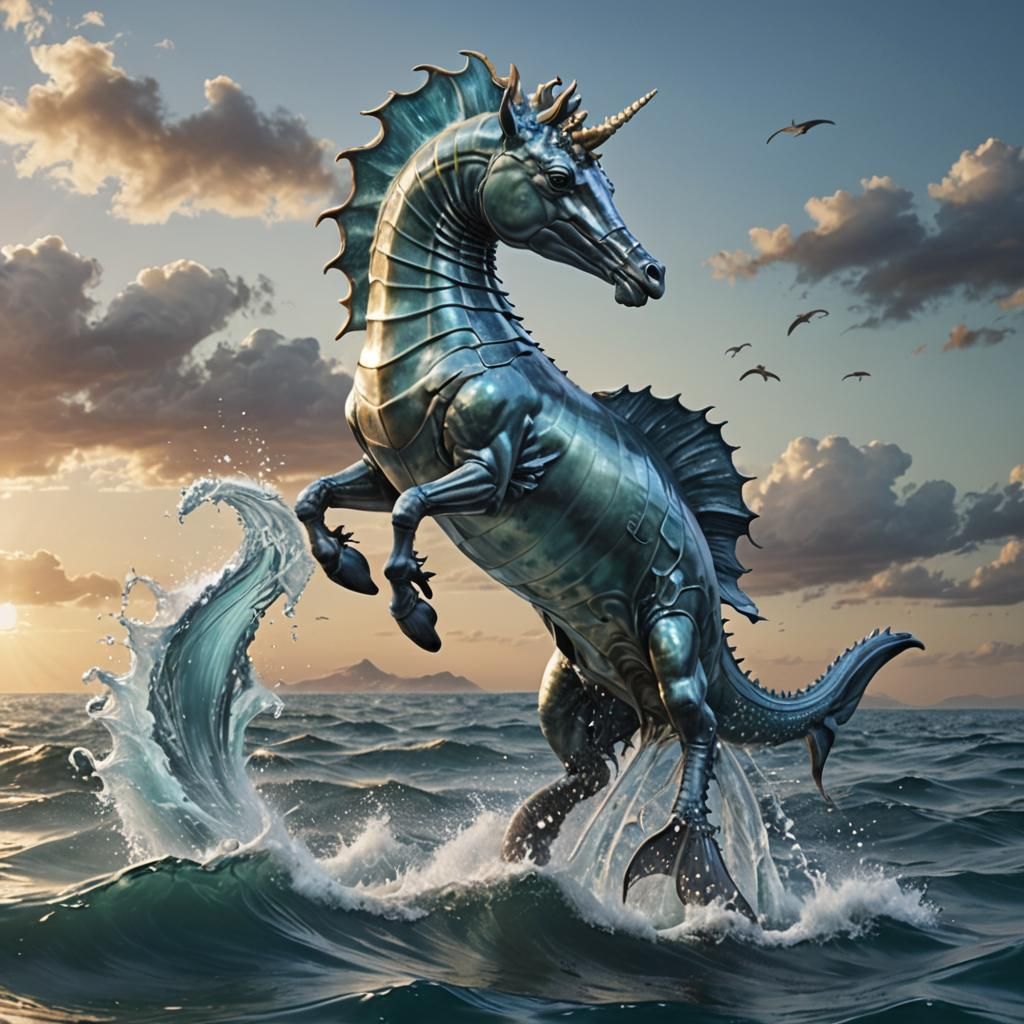 Mythical Seahorse Creature Rearing Out of Ocean
