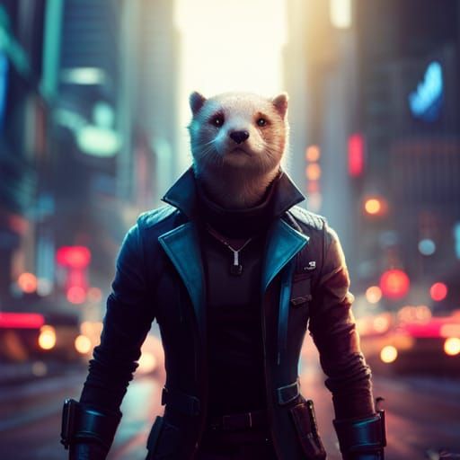 Cyberpunk Otter Strolling City Streets in Photorealistic Sty...