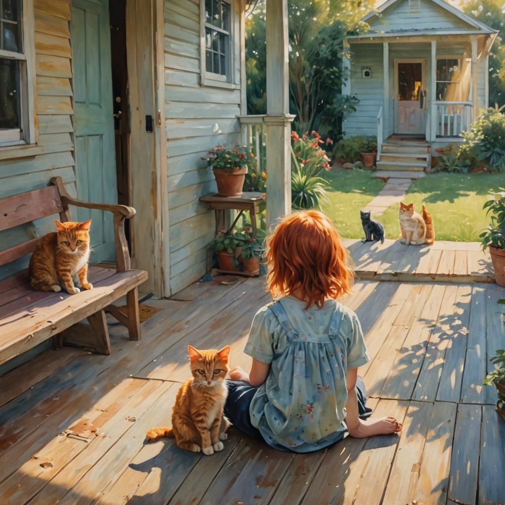 Red Haired Girl on Porch in Impressionist Oil