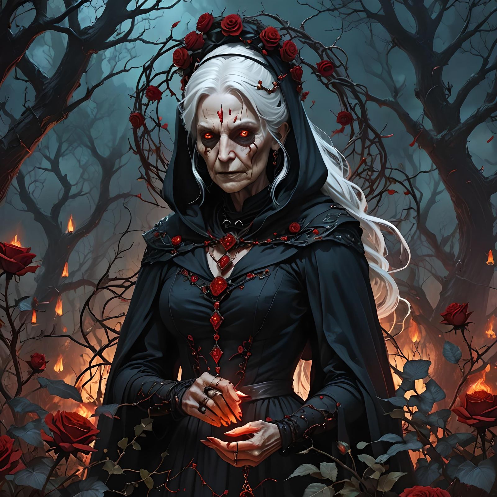 Eerie Witch in a Hellish Garden: Fantasy Art
