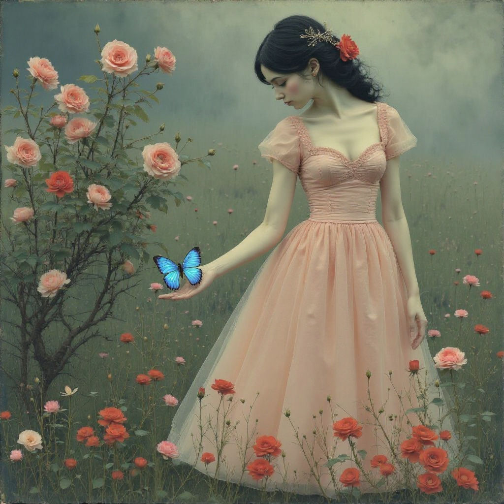 Fairy Revives Rose in Misty Garden