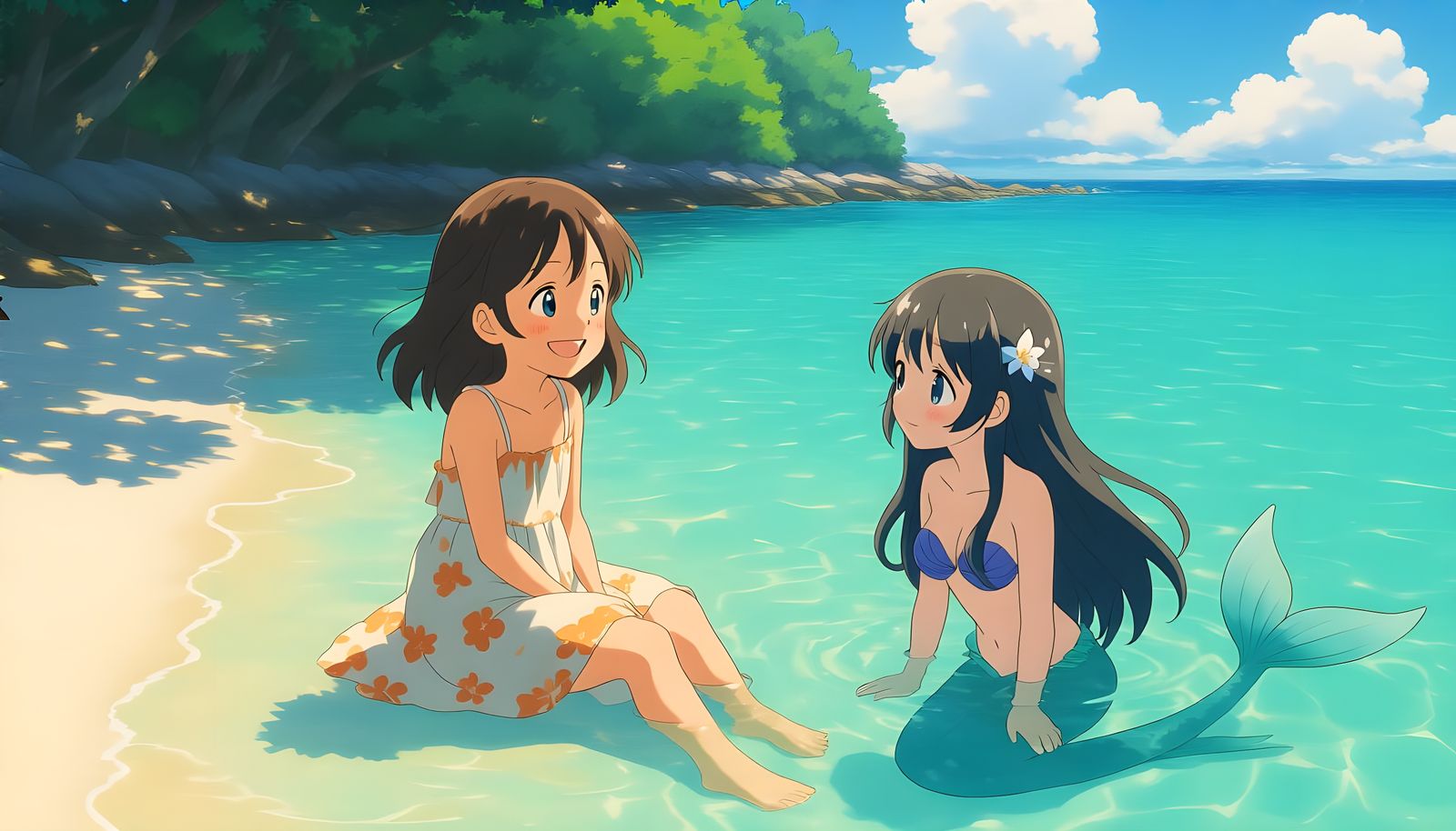 Girl and Mermaid Chat on Sunny Shore in Anime Style