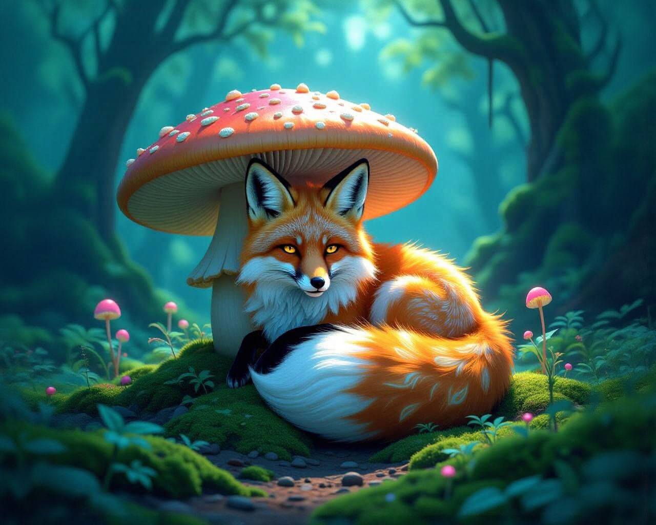 Bioluminescent Fox Sleeps on Giant Mushroom in Fantastical F...