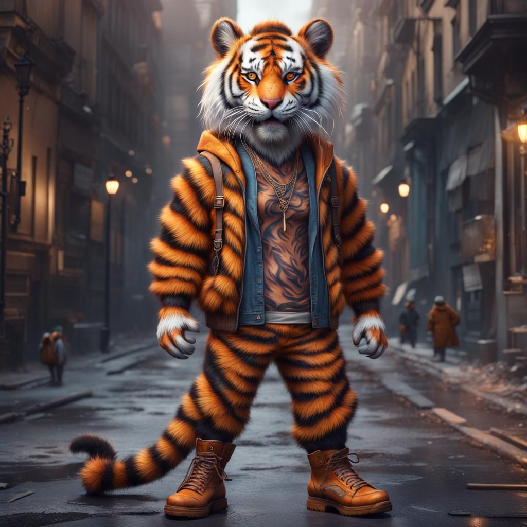 anthropomorphic tiger wearing urban clothes : "soft fluffy fur
