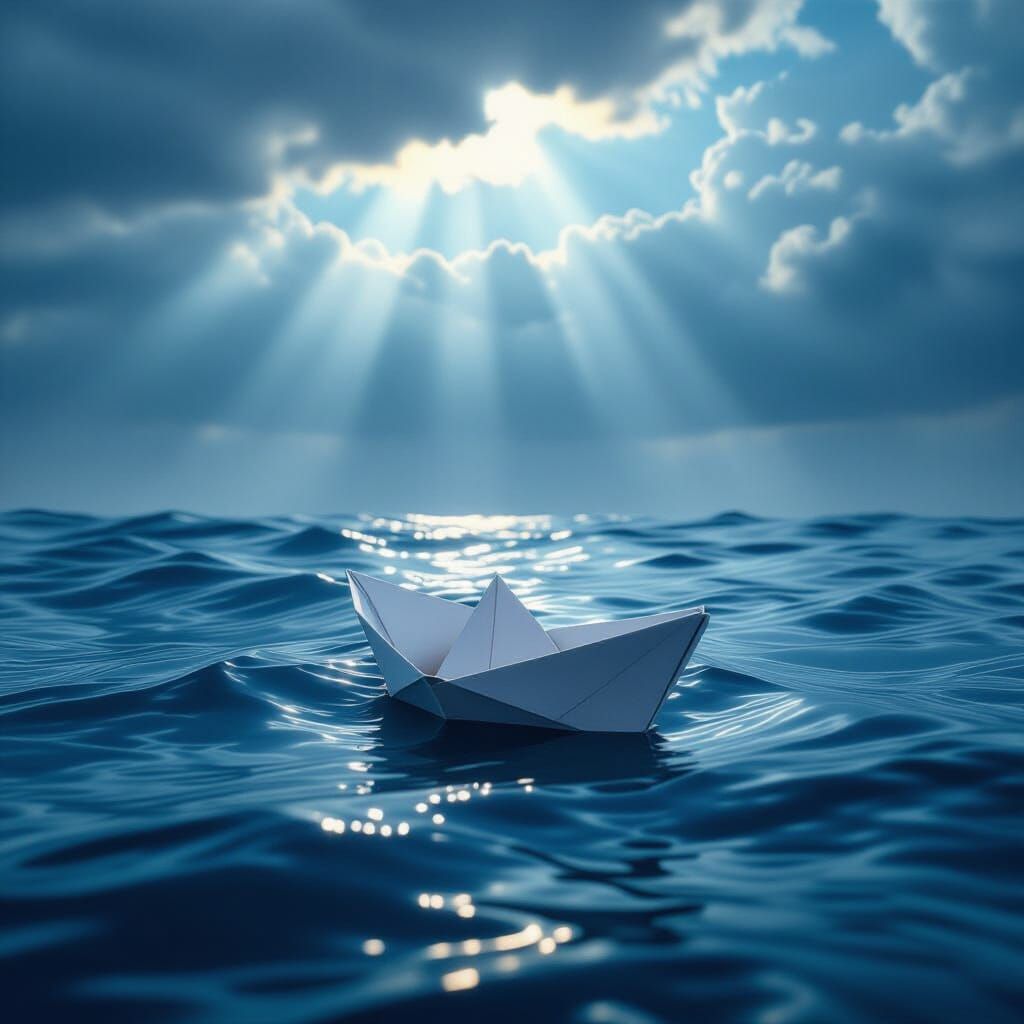 Lone Paper Boat on Turbulent Sea Under Stormy Sky