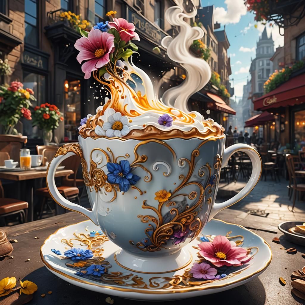 Floral Porcelain Cup with Coffee and Smoke Art