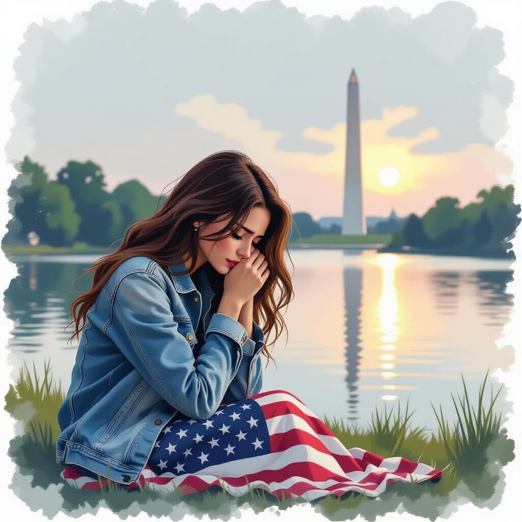 Poignant Image of Woman with Flag in Watercolor Style