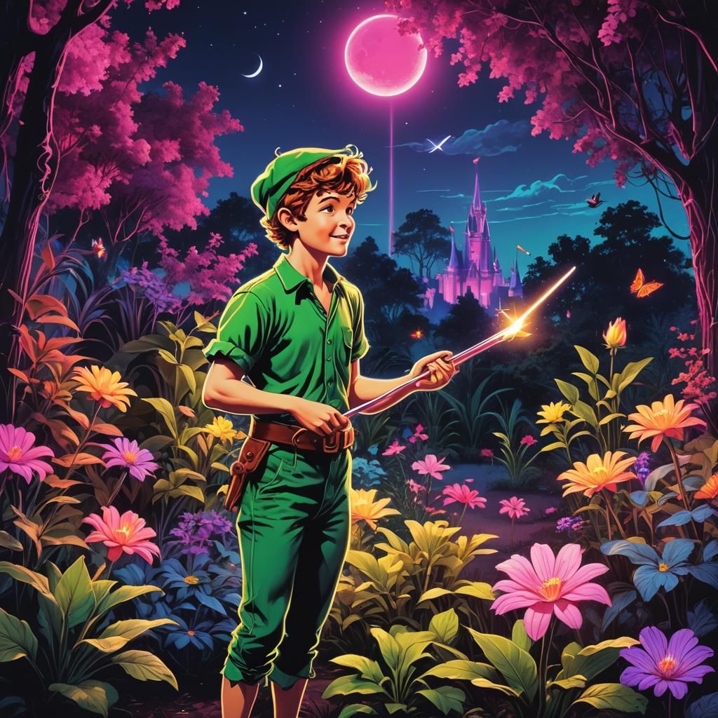 Peter Pan in Garden: Synthwave Neon Retro Art