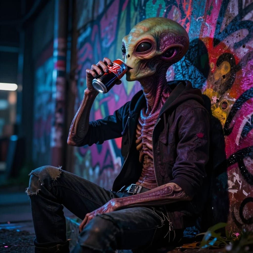 Alien With Mask Pulled Up, Drinking Soda On Graffiti Wall