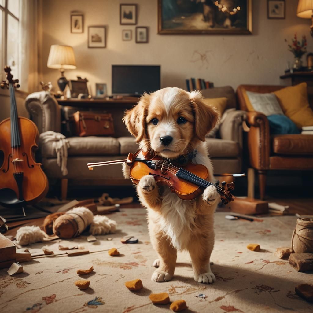 Puppy Plays Violin: Cozy Concept Art