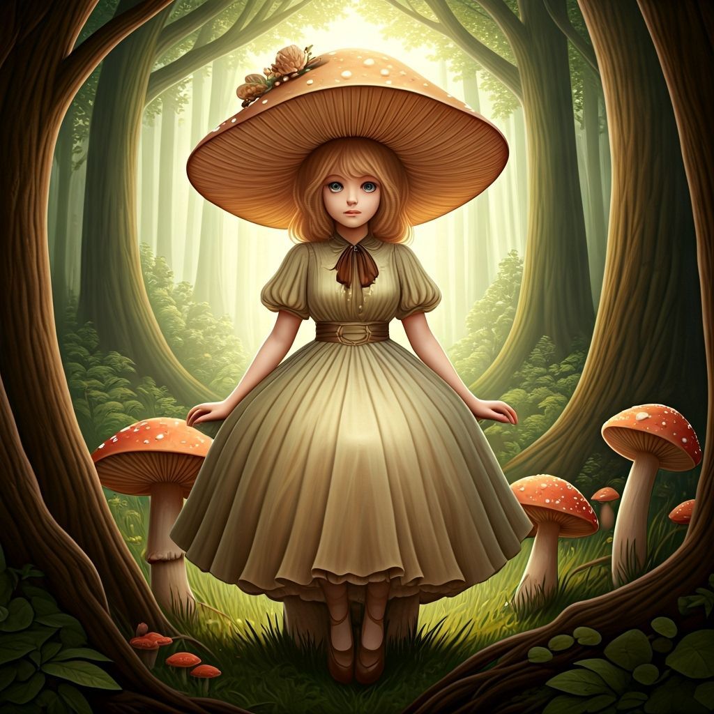 Mushroom Woman in Whimsical Forest, Watercolor Art