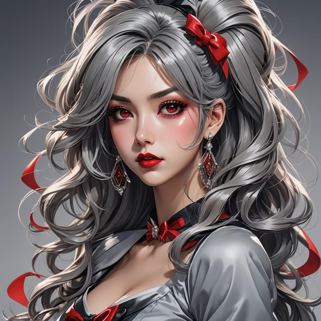 Stunning Woman with Grey Hair in Anime Style