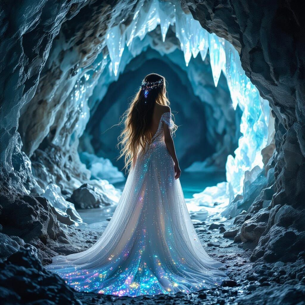 Ethereal Woman in Crystal Cave, Art Nouveau Style