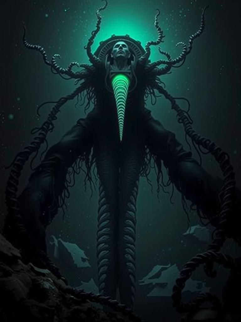 Beksiński-Inspired Bioluminescent Monster in Deep Water