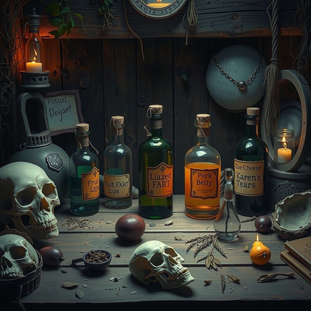 Whimsical Witch's Den with Bizarre Potion Bottles in Dark Wh...