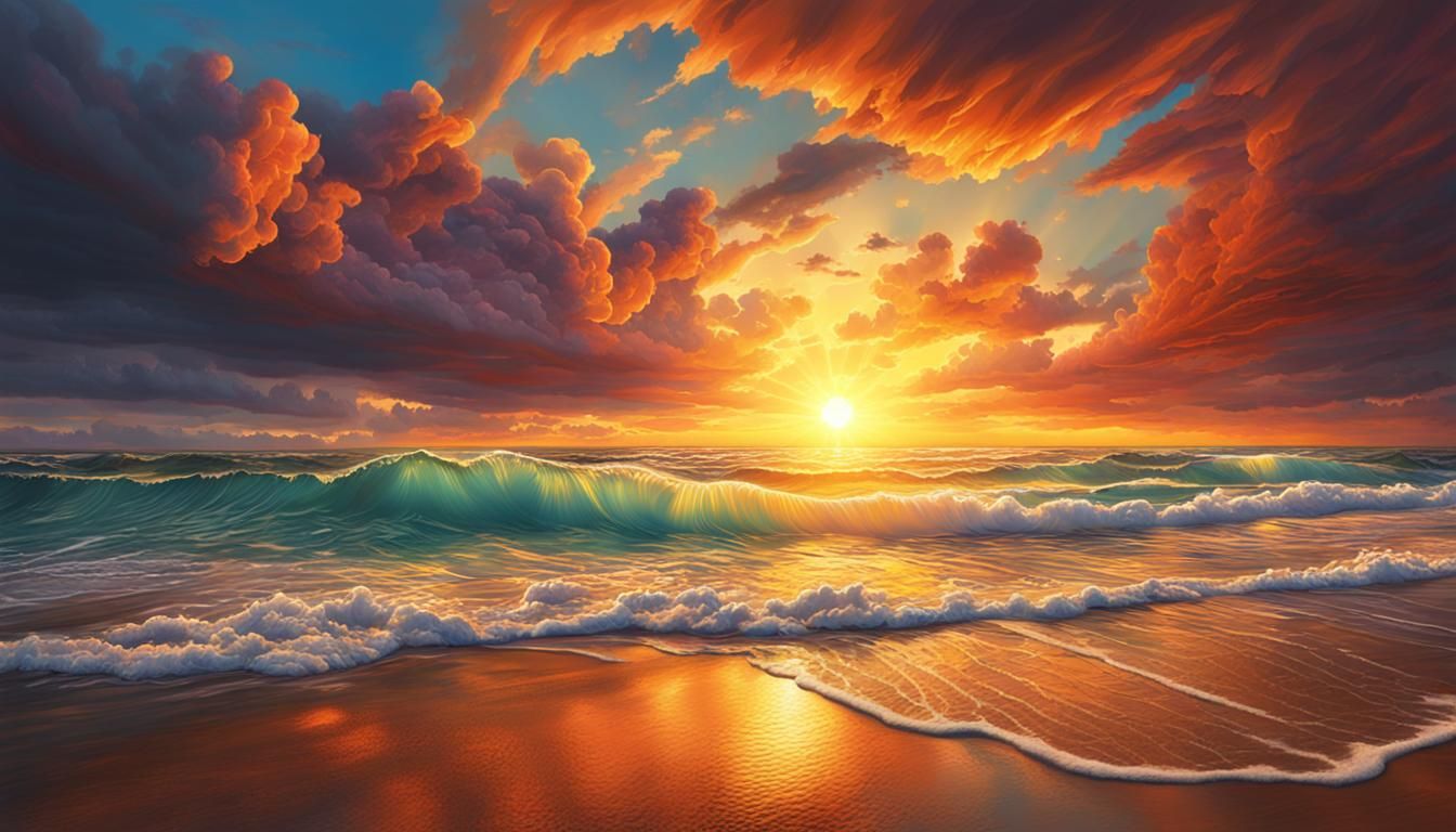 Hyperrealistic Beach Sunset with Sunrays and Clouds