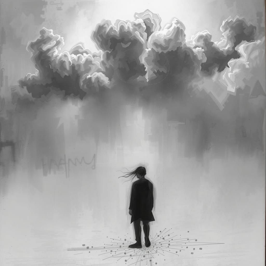 Figure Walking in Mist: Neo-Expressionist Oil Painting