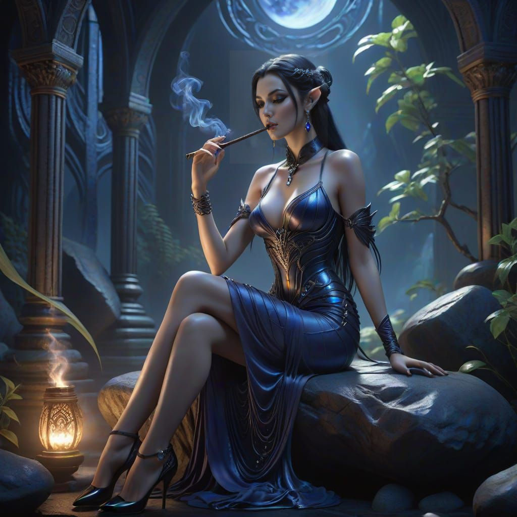 Ethereal Elven Enchantress Basks in Moonlit Twilight