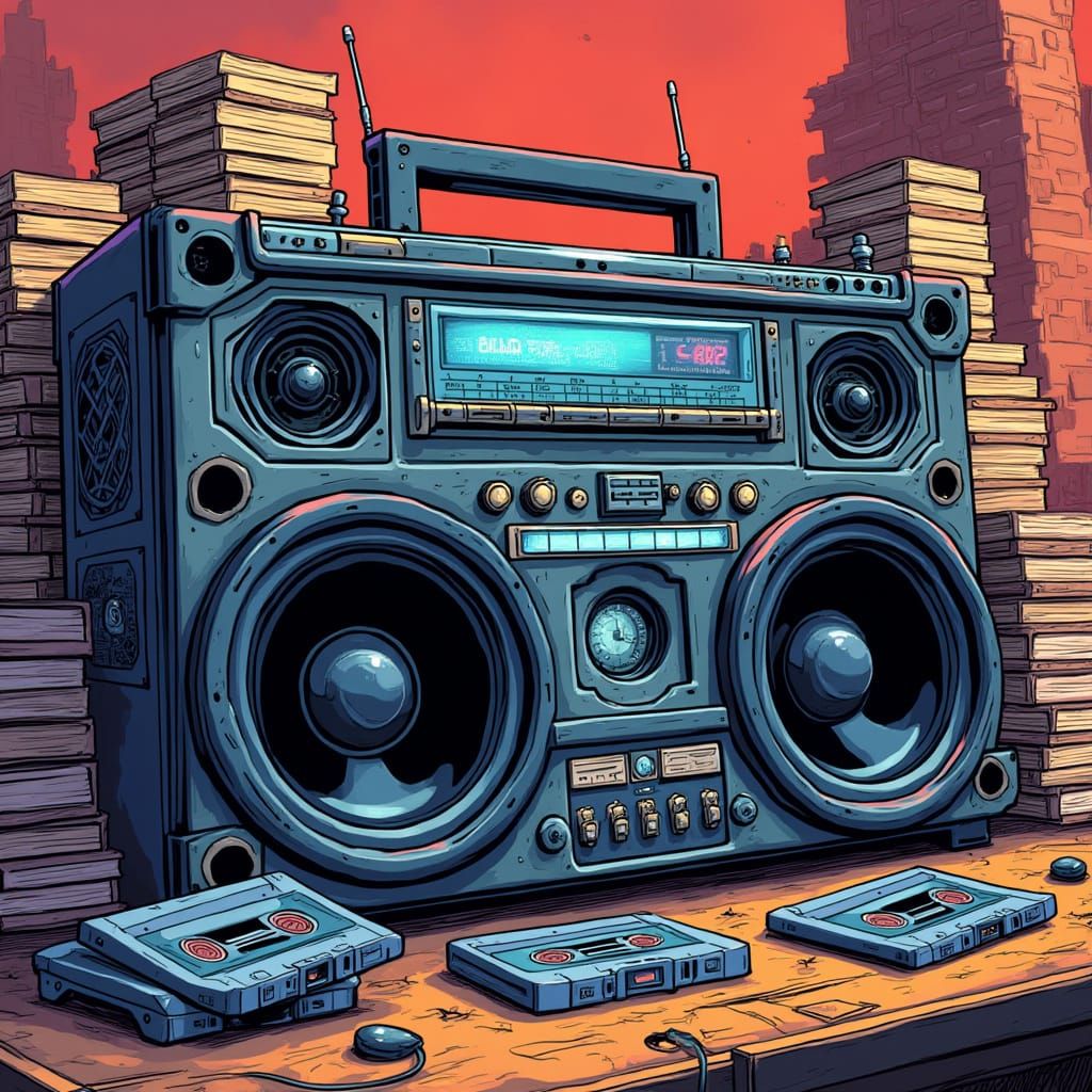 Hip Hop Boombox with Cassettes: Comic Book Art