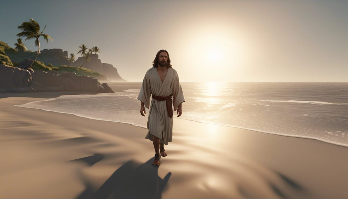 Jesus Walks on Beach: 8k Hyperrealistic Rendering