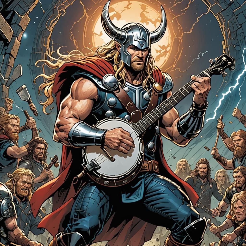 Thor Plays Banjo in Comic Book Art Style