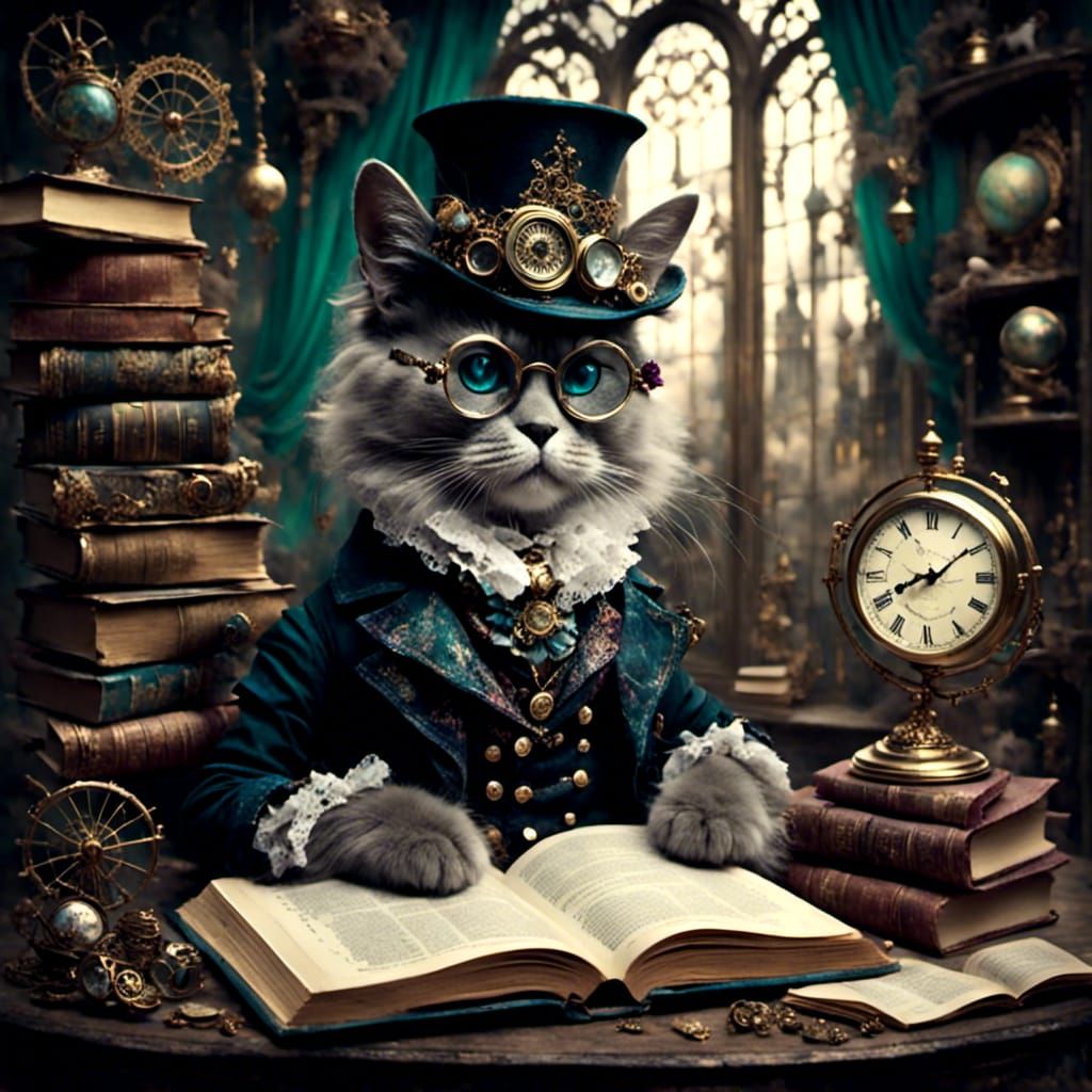 Steampunk Cat Reading a Book in Steampunk Style