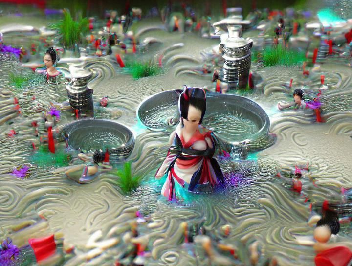 Geisha girl in pool of water fountains 8K 3D beautiful 8k resolution