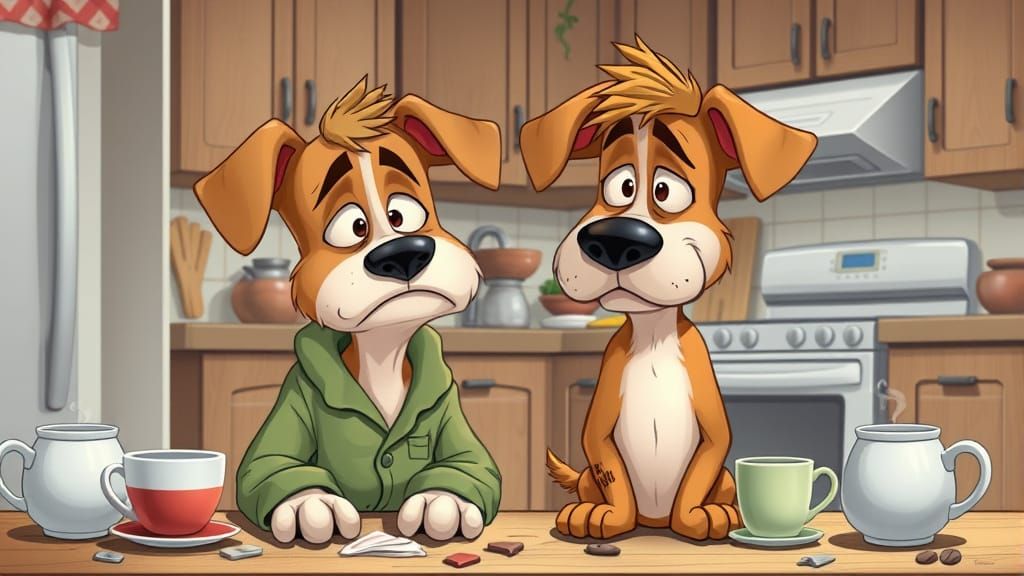 Sad Cartoon: Dog and Owner in Kitchen Chaos