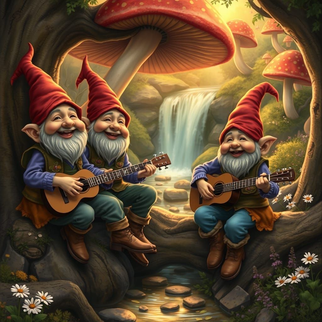 Gnomes Strumming Guitars in Whimsical Fairy Woods