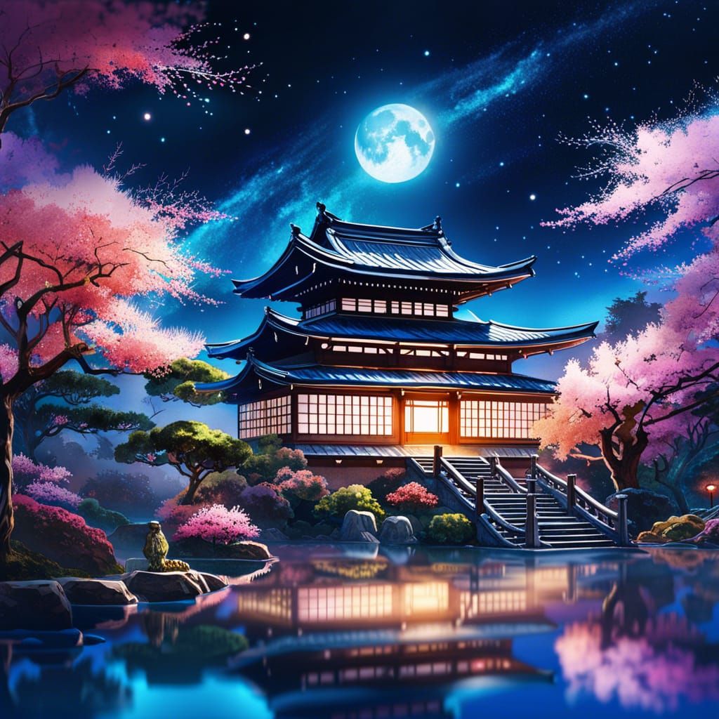 Japanese Garden with Full Moon: Watercolor Art