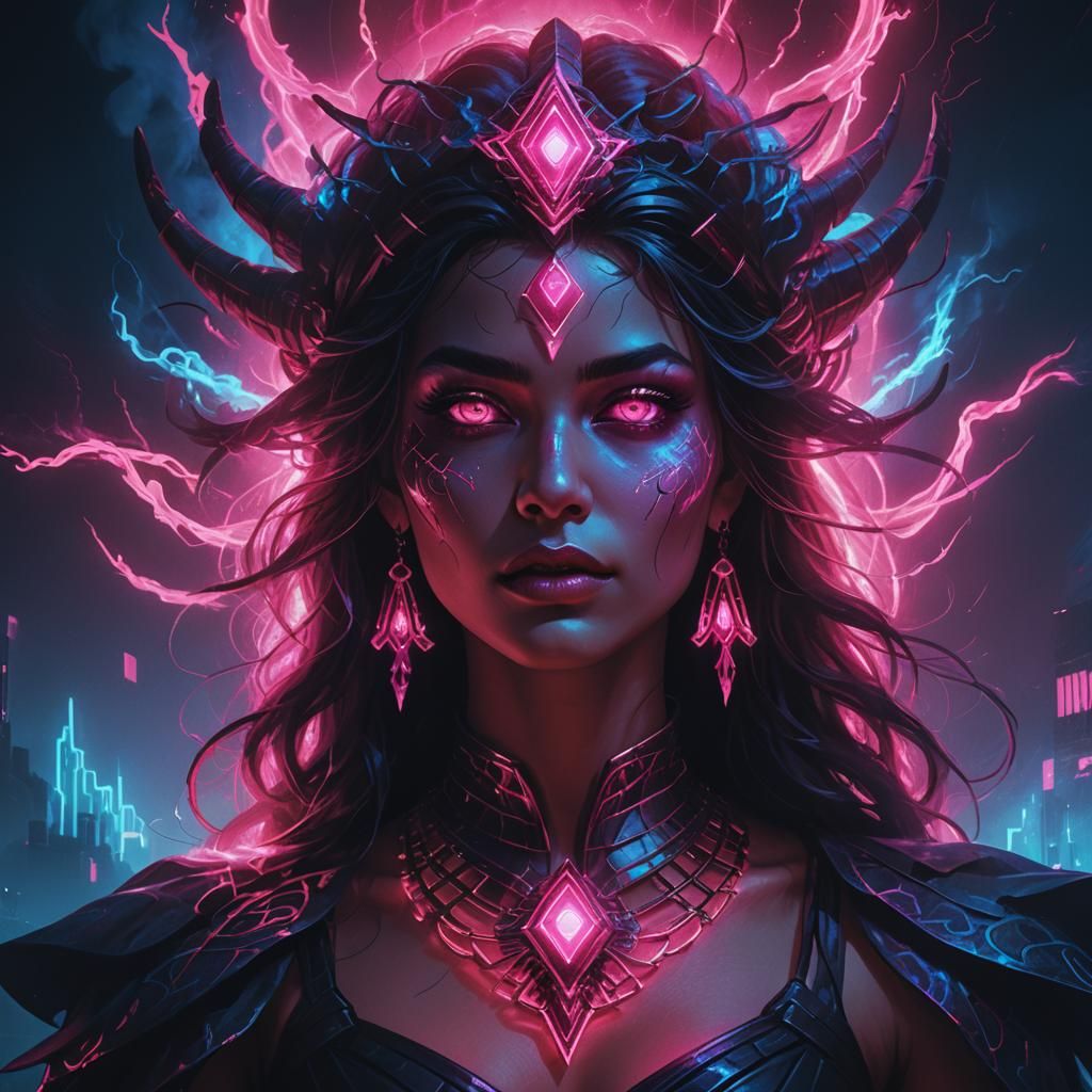 Neon Synthwave Portrait of a Dark Goddess