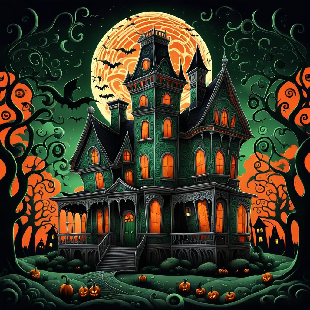Dark Gothic Haunted House in Cartoonish 3D Style