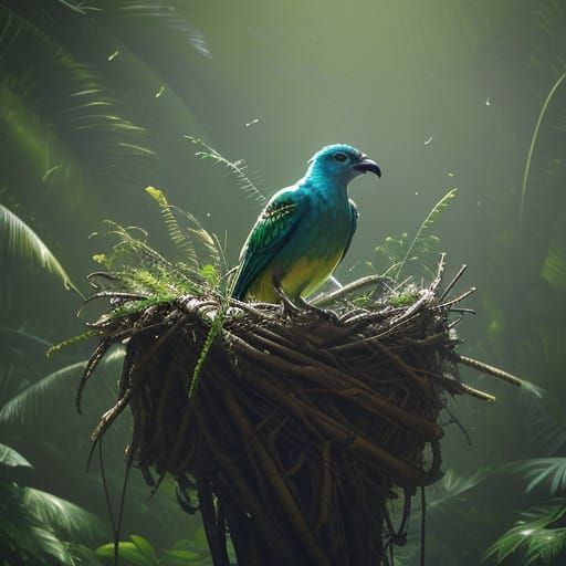 Majestic Bird in Nest, Vibrant Colors