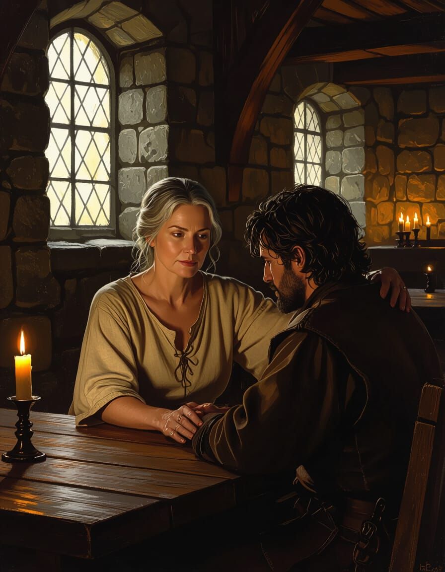 Mature Woman Offers Solace in Medieval Tavern