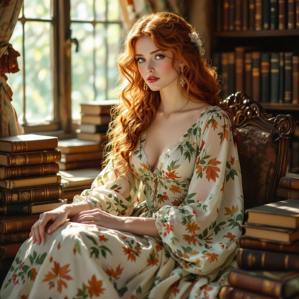 Red-Haired Woman in Library, Pre-Raphaelite Style