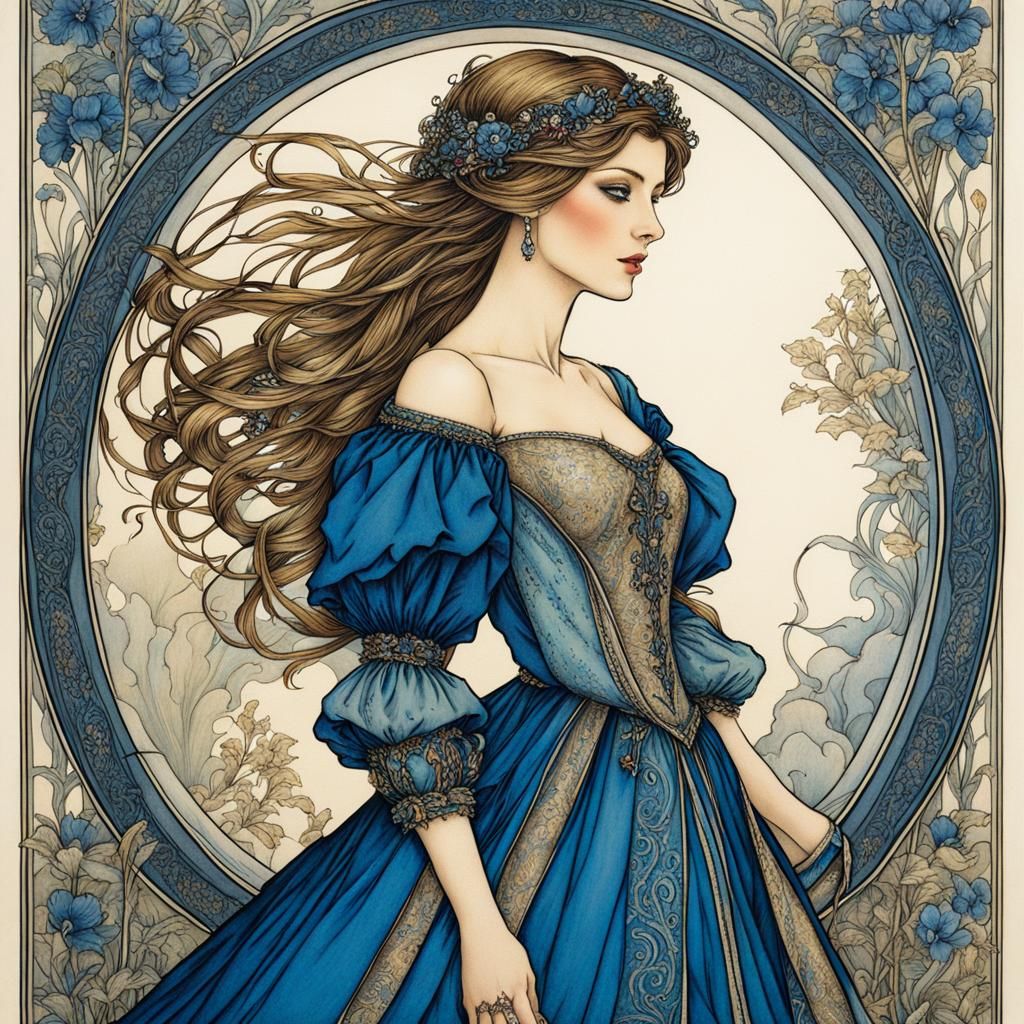 Medieval Maiden in Blue Ballgown, Rackham Style