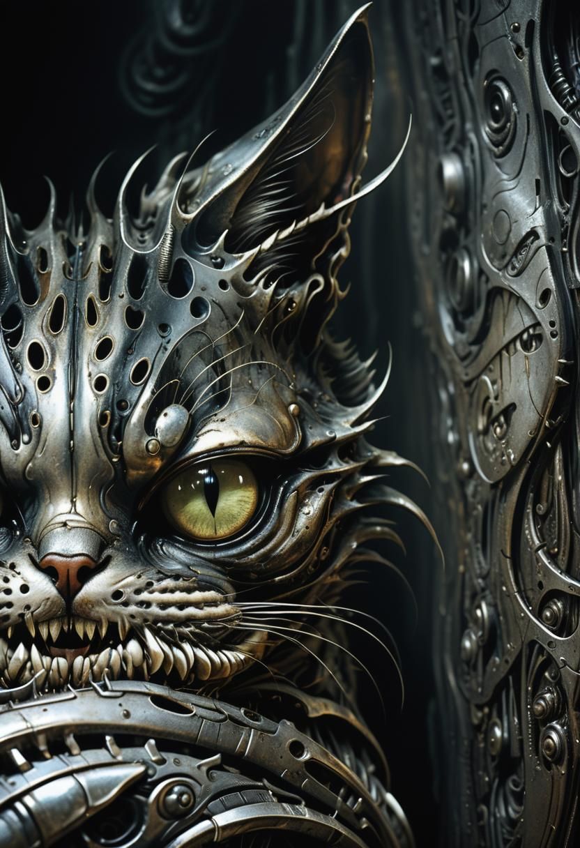 Biomechanical Horror Cat Close-up in Dark Fantasy Style